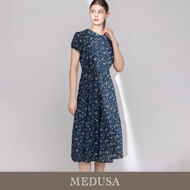 【MEDUSA 曼度莎】現貨-小圓領氣質深藍碎花洋裝（M-XL）｜碎花洋裝 女休閒洋裝 雪紡洋裝