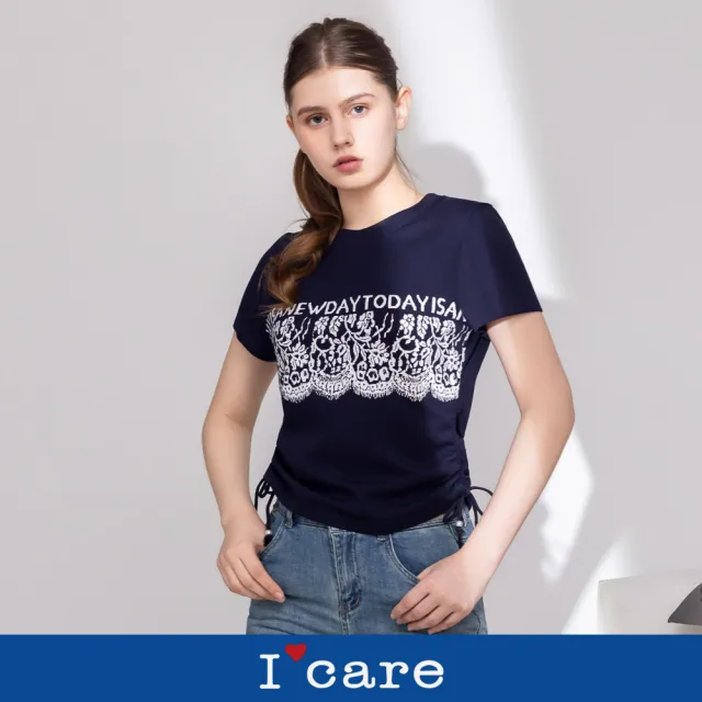 【I’Care 依卡】現貨-優雅抽繩蕾絲印花T恤（M-XL）｜女短袖上衣 抽繩上衣