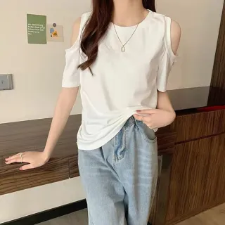 【Uicy】韓版顯瘦露肩短袖上衣 衣服女裝t恤短袖t恤上衣 T580