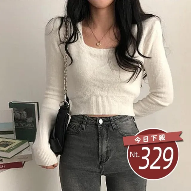【Uicy】韓版方領露鎖骨針織上衣 長袖上衣長袖t恤衣服女裝 W394