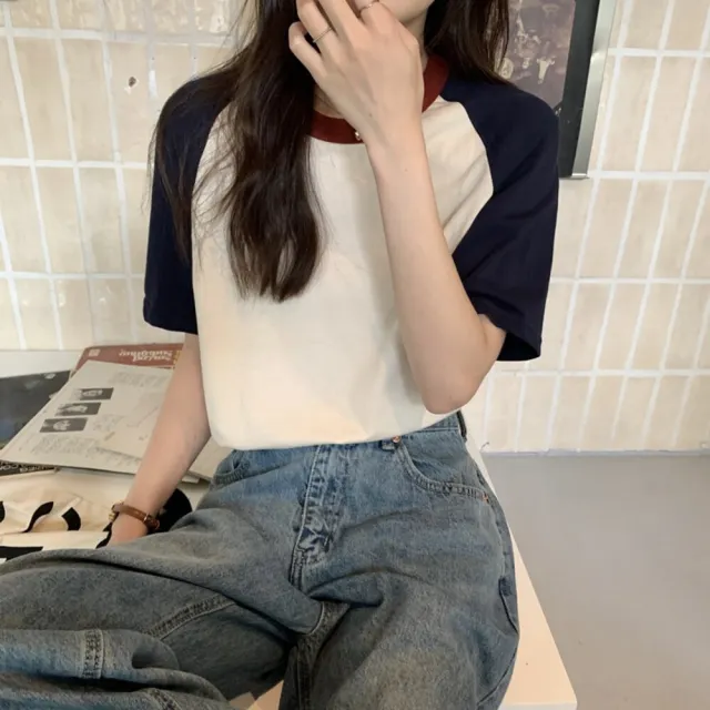 【Uicy】韓版簡約休閒寬鬆撞色短袖上衣 衣服女裝t恤短袖t恤 T501