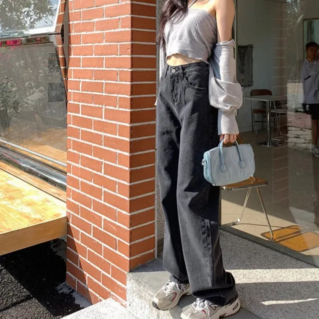 【Uicy】韓版復古直筒高腰牛仔寬褲 寬褲 褲子 女裝P97