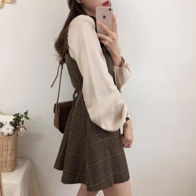 【Uicy】韓版復古襯衫格子連衣裙 裙子 褲裙 長裙 女裝S101
