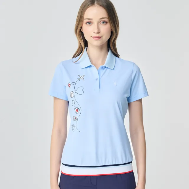 【PLAYBOY GOLF】女款旅行郵戳抗UV短袖POLO衫-藍(吸濕排汗/高爾夫球衫/KA26112-55)