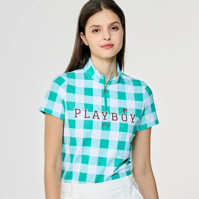 【PLAYBOY GOLF】女款格子吸濕排汗抗UV短袖POLO衫-綠(高爾夫球衫/KA26123-48)