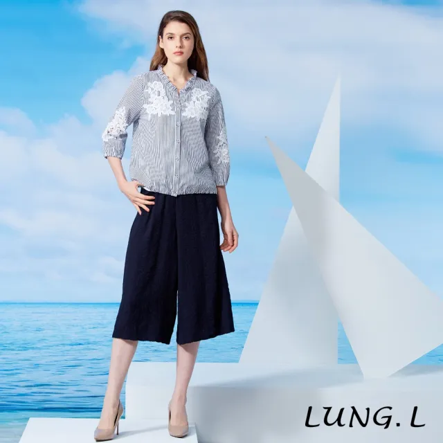【LUNG.L 林佳樺】LW50A 藍白條紋拼接蕾絲七分袖女裝上衣(罩衫)