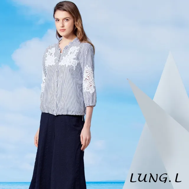 【LUNG.L 林佳樺】LW50A 藍白條紋拼接蕾絲七分袖女裝上衣(罩衫)