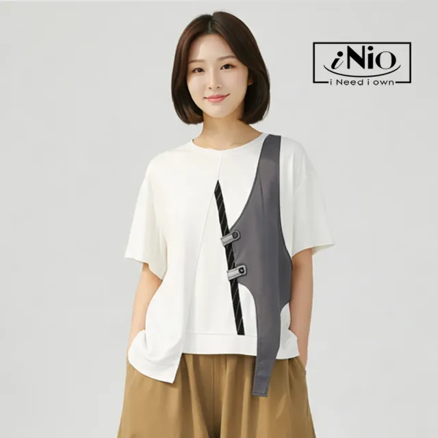 【iNio 衣著美學】撞色拼接個性風短袖上衣 立體拼接 不對稱下襬 輕落肩圓領短袖棉T CHW1027