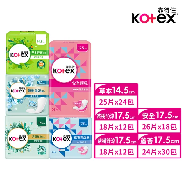 【Kotex 靠得住】安全瞬吸/蘆薈透氧/茶樹舒涼/沁涼/草本抑菌/木質香 箱購任選(靠得住護墊任選 草本 涼感棉)
