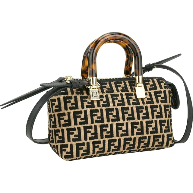 【FENDI 芬迪】By The Way 迷你款 FF草編玳瑁提柄波士頓手提/肩背包-黑色