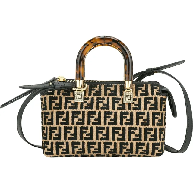 【FENDI 芬迪】By The Way 迷你款 FF草編玳瑁提柄波士頓手提/肩背包-黑色