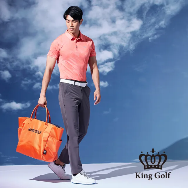 【KING GOLF】速達-網路限定款-男款幾何圖形織紋涼感素面短袖POLO衫/高爾夫球衫-橘色