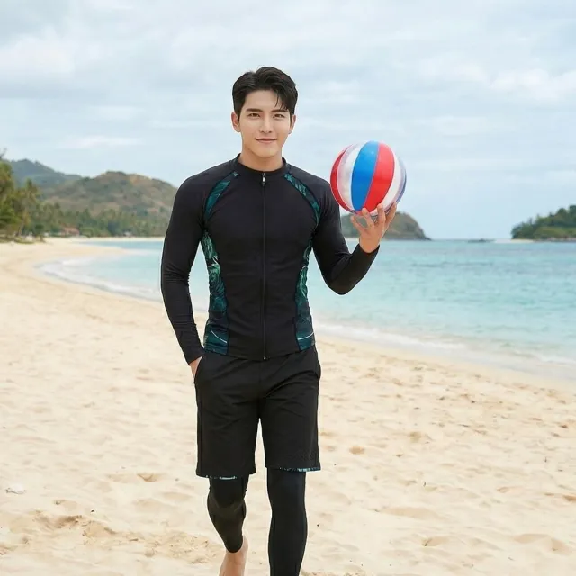 【AS 梨卡】泳衣 泳裝 三件式 長袖 衝浪 潛水 情侶款 男款拉鍊外套泳裝CR622-1