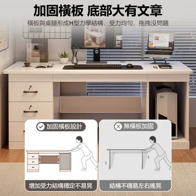 現代簡約辦公專用書桌電腦桌(140x60x74.2cm 帶鎖多抽 H型加橫板)
