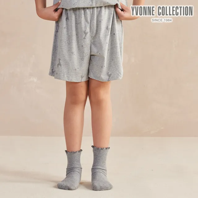 【YVONNE 以旺傢飾】童裝 長頸鹿印花短褲-迷霧灰