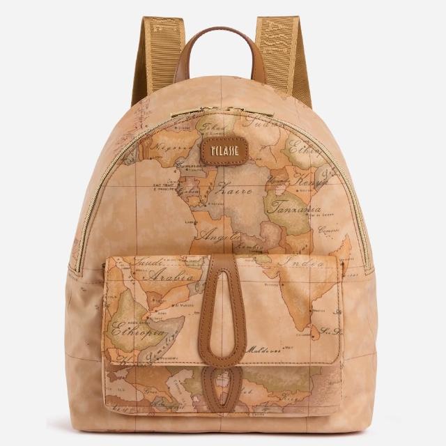 【Alviero Martini】義大利地圖包 超輕量尼龍 前口袋拉鍊後背包30cm-地圖黃x咖啡色(防潑水 收納)