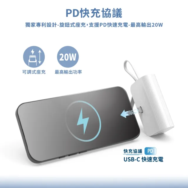 Wephone 5000mAh 隱藏直插式/數顯20W快充行動電源(雙向自帶線/可充手錶)