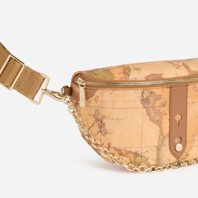 【Alviero Martini】義大利地圖包 皮革鉚釘鍊帶 拉鍊腰包28cm-地圖黃x咖啡色
