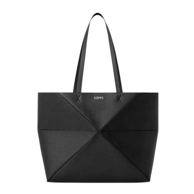 【LOEWE 羅威】Puzzle Fold Tote 橫式 中款 柔軟粒面小牛皮 折疊 肩背包 托特包 黑色