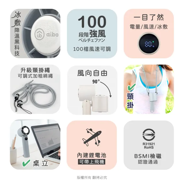 【aibo】扣環式冰敷折疊頸掛 100檔數顯高速手持風扇(加粗頸掛繩)