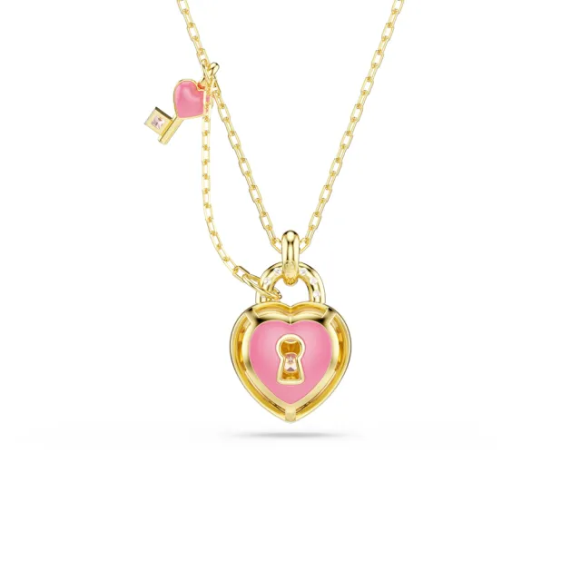 【SWAROVSKI 施華洛世奇】官方直營 Idyllia 愛心鑰匙鏈墜 混合式切割 粉紅色 鍍金色色調 | 5737288