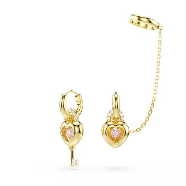 【SWAROVSKI 施華洛世奇】官方直營 Idyllia 愛心與鑰匙垂墜式耳環和耳骨夾 粉紅色 鍍金色色調 | 5737294