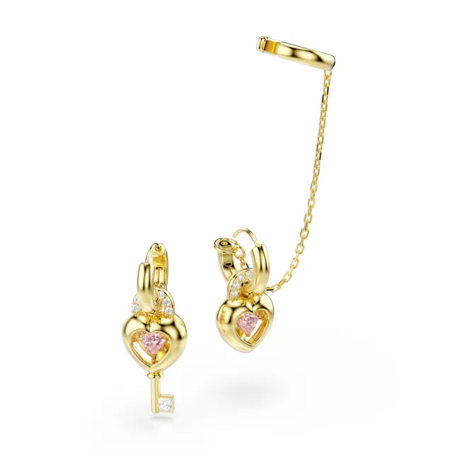 【SWAROVSKI 施華洛世奇】官方直營 Idyllia 愛心與鑰匙垂墜式耳環和耳骨夾 粉紅色 鍍金色色調 | 5737294