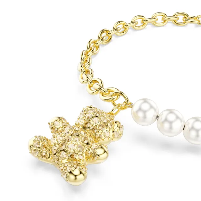 【SWAROVSKI 施華洛世奇】官方直營 Idyllia Teddy 金色泰迪熊水晶珍珠手鏈 鍍金色色調 | 5737622