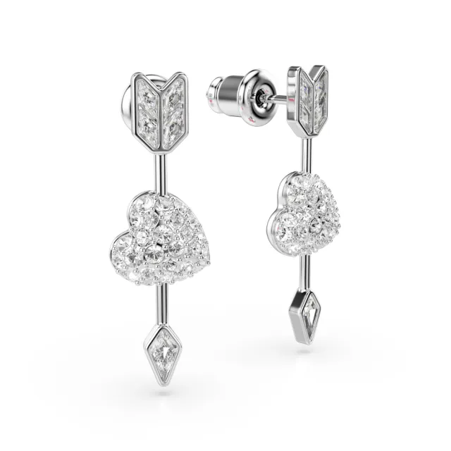 【SWAROVSKI 施華洛世奇】官方直營 Idyllia 愛心與箭頭耳環 鍍白金色 愛神系列 | 5749602
