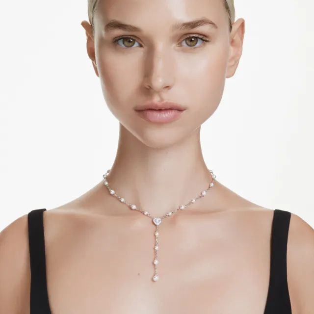 【SWAROVSKI 施華洛世奇】官方直營 Ariana Grande x Swarovski Y形項鏈 水晶珍珠 心形 鍍白金色 | 5720855