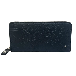 【Vivienne Westwood】品牌LOGO 壓紋牛皮皮革拉鍊長夾 (黑色)