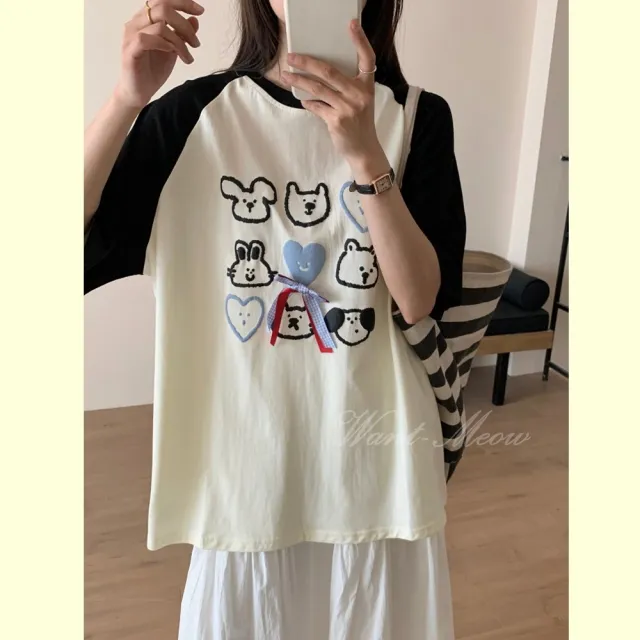 【Want-Meow】80公斤可穿/獨家短袖款立體娃娃插肩圖案寬鬆大學T上衣大碼T恤(大碼/大尺碼/加大碼)