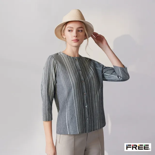 【FREE】INDIGO條紋拼接七分袖襯衫