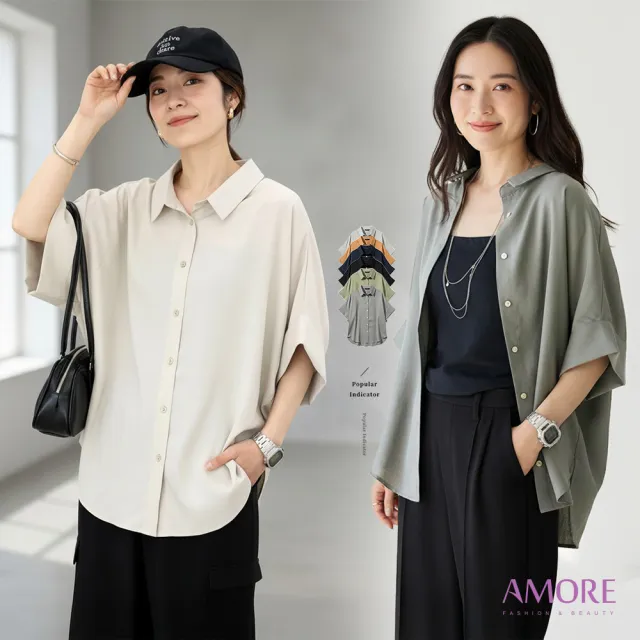 【Amore】日系寬鬆排扣襯衫蝙蝠袖短袖襯衫 外搭罩衫