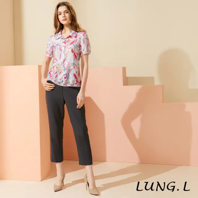 【LUNG.L 林佳樺】LW05A 粉色花草印花半開襟短袖女裝上衣