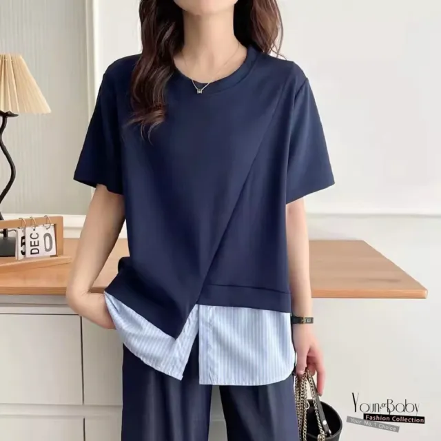 【YOUNGBABY】不規則拼接條紋下擺假兩件式上衣 中大尺碼女裝