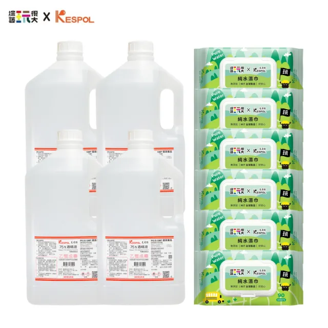 【克司博】75%酒精 4桶+純水聯名濕巾6包 超值組合(4000ml/桶+90抽純水濕巾x6包)