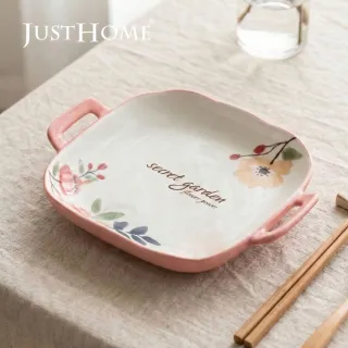 【Just Home】映花陶瓷9吋雙耳方盤(可微波 盤 餐盤 湯盤)