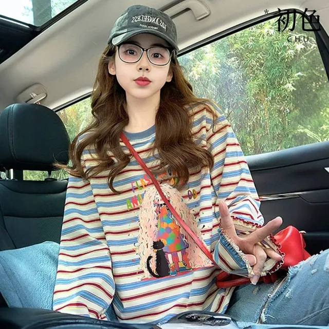 【初色】韓系甜美卡通塗鴉字母印花撞色條紋寬鬆顯瘦圓領長袖T恤上衣女上衣-條紋-19404(M-2XL可選)