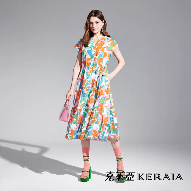 【KERAIA 克萊亞】春花漫舞印花洋裝(附腰帶)