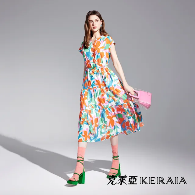 【KERAIA 克萊亞】春花漫舞印花洋裝(附腰帶)