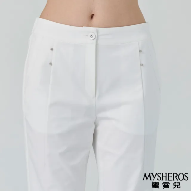 【MYSHEROS 蜜雪兒】造型長褲 白銀鈕釦拉鍊 銀色亮鑽鉚釘裝飾(白)