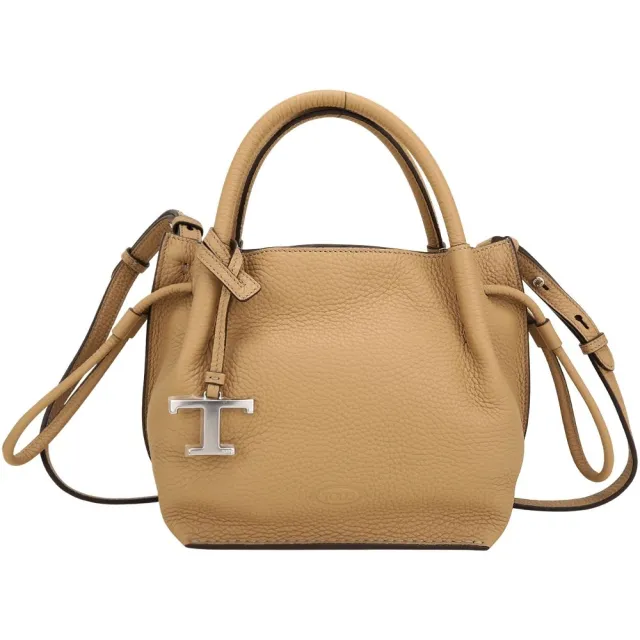 【TOD’S】TODS 小型 T字荔紋牛皮手提/斜背抽繩水桶包-駝色(義大利手工皮革)