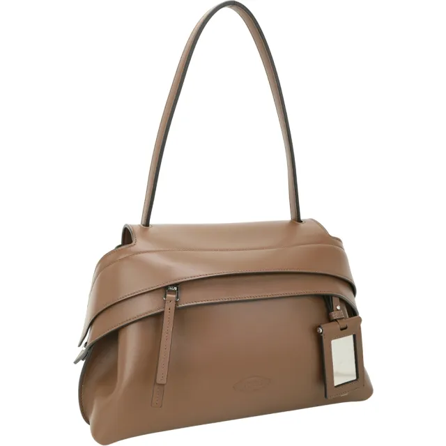 【TOD’S】TODS Wave 小款 字母壓印壓紋牛皮翻蓋拉鍊肩背包-棕色(義大利手工皮革)