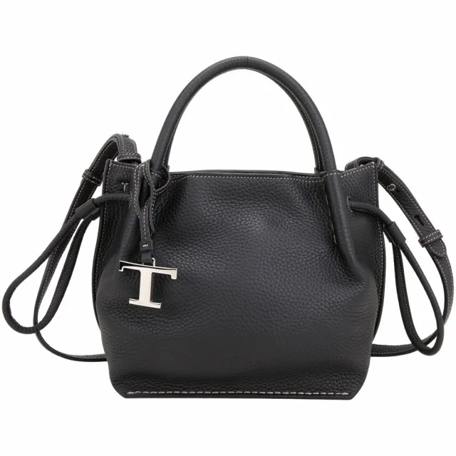 【TOD’S】TODS 小型 T字 荔紋牛皮手提/斜背抽繩水桶包-黑色(義大利手工皮革)