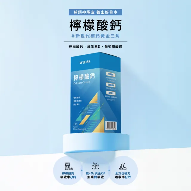 【Wedar 薇達】檸檬酸鈣 6盒組(150顆/盒.高利用率.葡萄糖酸鎂.維生素D)