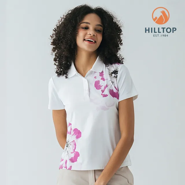 【Hilltop 山頂鳥】Polygiene吸濕快乾抗UV施華洛世奇縫釦彈性印花POLO衫 女款 紫花｜PS14XFM2ECJZ