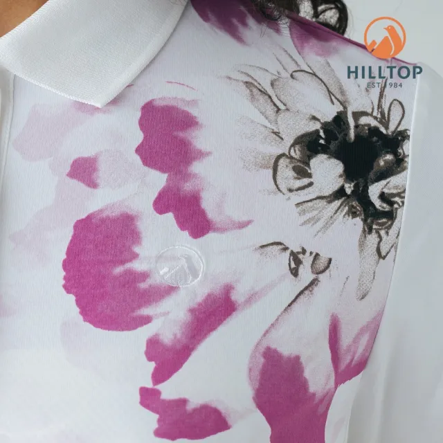 【Hilltop 山頂鳥】Polygiene吸濕快乾抗UV施華洛世奇縫釦彈性印花POLO衫 女款 紫花｜PS14XFM2ECJZ