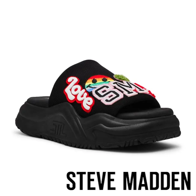 【steve madden】潮流刺繡布貼厚底拖鞋 SPANKY-P(黑色)