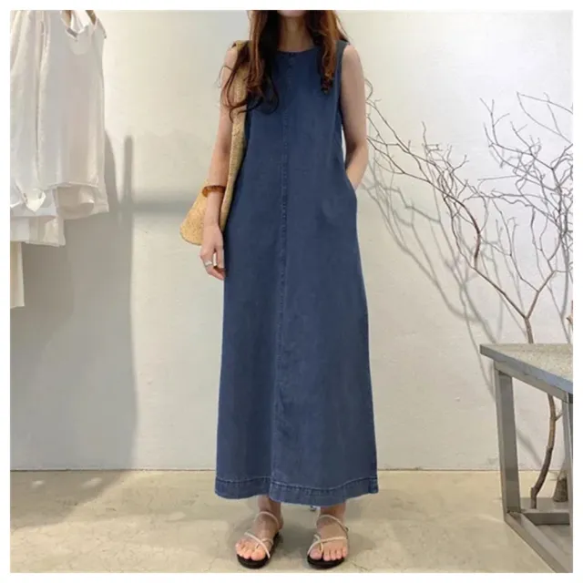 【ASister 小姊姊】AS0579#牛仔洋裝☆*無袖圓領純色*中大尺碼修身顯瘦側口袋長版牛仔連身裙(3色_S-5XL)